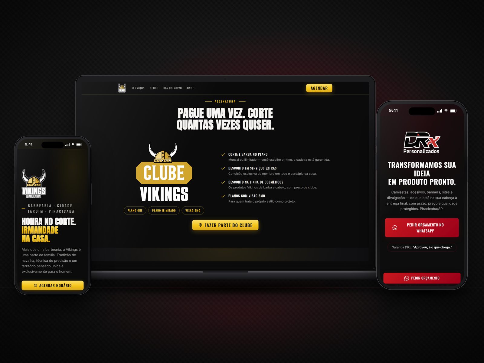 Site da barbearia Vikings e site da DRx no notebook e no celular