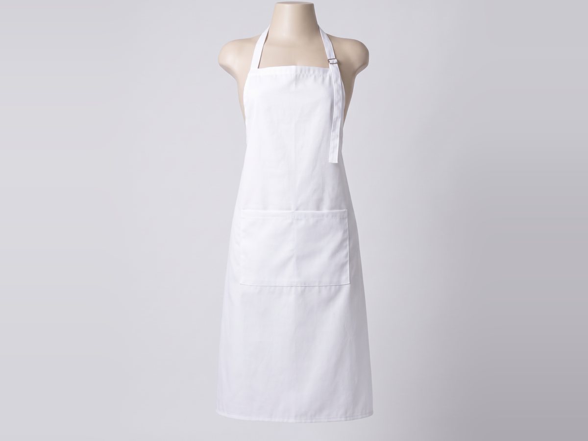 Avental branco de peito com bolso dividido, no manequim
